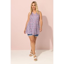 Büyük Beden V Yaka Sıfır Kol Çiçek Desenli Astarsız Dantel Bluz 304217