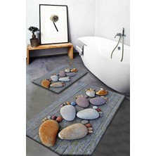 Ayak Taşları Desenli Yıkanabilir Kaymaz Tabanlı 2'li Banyo Halısı Seti