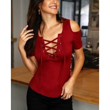 Kadın Bağcık Detaylı Viskon Kumaş Bluz 55CM