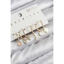 Bfs Pirinç Zirkon Taşlı Hello Kity ve Yonca Model Gold Renk 6'lı Küpe Set