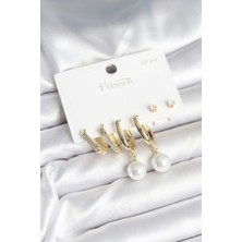 Pirinç Gold Renk Inci Detaylı 925 Ayar Gümüş Çivili Kadın Küpe Seti - EBJ251010W38085