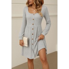 La Mode Istanbul Kadın Uzun Kollu Kare Yaka Düğmeli Kısa Şardonlu Iki Iplik Mini Elbise