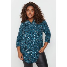 Büyük Beden Yakası Düğmeli Yarım Kollu Desenli Bluz 322164