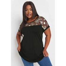 Büyük Beden Bisiklet Yaka Kısa Kollu Yakası Transparan Bluz 303428