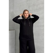 Büyük Beden Uzun Kollu Kapüşonu Desenli Beli Lastikli Sweatshirt 106-73