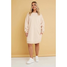 Büyük Beden Bisiklet Yaka Uzun Kollu Cepli Şardonlu Sweastshirt Elbise 304038