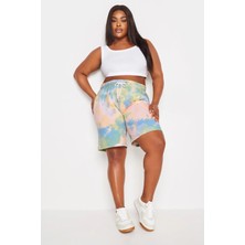 Büyük Beden Cepli Beli Büzgülü Bol Kesim Batik Desenli Şort 303209