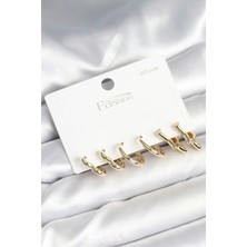 Pirinç Gold Renk Kalp Yıldız ve Halka Model 925 Ayar Gümüş Çivili Kadın Küpe Seti - EBJ251010W38088