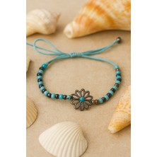 Turkuaz Çiçek Detaylı Ayarlanabilir El Yapımı Bileklik