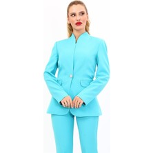 Kendinden Dik Yakalı Ceket-Turkuaz