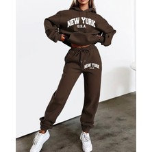 Amor Face Büyük Beden Kadın/kız Kapüşonlu 3 Iplik Yüksek Kalite New York Baskılı Kışlık Eşofman Takımı