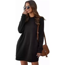 Amor Face Büyük Beden Cepsiz Düz Elbise Hoodie Şık Rahat Bisiklet Yaka Bıg Sıze Kadın Elbise