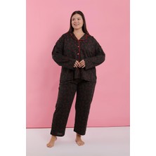 Modaserdem  Kadın Büyük Beden Siyah Kırmızı Çiçekli Düğmeli Pijama Takımı