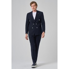  Erkek Lacivert Poliviskon Çizgili Spor Kruvaze Slim Fit Sivri Yaka Takım Elbise