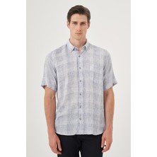  Erkek Lacivert Keten Trend Regular Fit Düğmeli Yaka Kısa Kol Gömlek