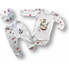 Diji Baby 3-6 6-9 9-12 Ay Minik Korsan Nakışlı Şapkalı Uzun Kollu Zıbınlı 3lü Kız-Erkek Bebek Takımı