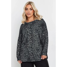 Büyük Beden Bisiklet Yaka Uzun Kollu Leopar Desenli Bluz 322186