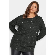 Büyük Beden Bisiklet Yaka Uzun Kollu Inci Işlemeli Bluz 302623