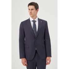  Erkek Lacivert Yünlü  8-Drop Trend Çizgili Slim Fit Sivri Yaka Takım Elbise