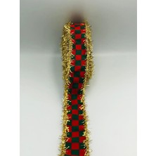 Duck Hoby 5 Mt. Yılbaşı Kurdele 3 cm Altın Saçaklı Ekose Dokuma Yılbaşı Kurdelesi Süsleme Noel Yılbaşı Süs