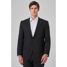  Erkek Siyah Yünlü Trend Desenli Dynamic Fit Mono Yaka Takım Elbise