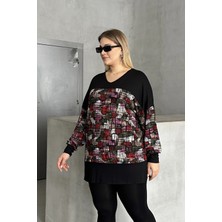 Büyük Beden V Yaka Uzun Kollu Desenli Likralı Bluz 303363