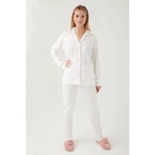 Pierre Cardin 7717 Kadın Krem Uzun Kollu Önden Düğmeli Biyeli Gömlek Pijama Takımı