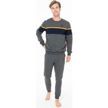 Erkek Bisiklet Yaka Uzun Kollu Pijama Takımı S26936 Bantlı Paça Rahat Kumaş Cepli