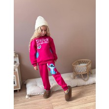 Kız Çocuk Stitch Baskılı Içi Polarlı Beli Lastikli Bağcıklı Pamuklu Kumaş Pembe Renk Alt Üst Takım