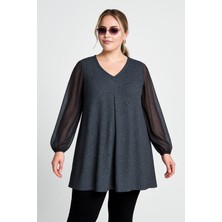 Büyük Beden Uzun Tül Kol V Yaka Bilekleri Lastikli Simli Bluz 78-132