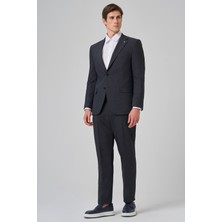  Erkek Lacivert Yünlü Trend Desenli Dynamic Fit Mono Yaka Takım Elbise