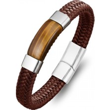 Kaplan Gözü Taşlı Kahverengi Deri Erkek Çelik Bileklik 31834B6D2