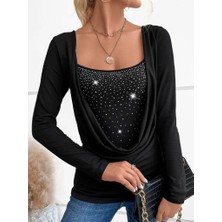 Kadın Uzun Kollu Derin Degaje Yakalı Taşlı Sandy Bluz