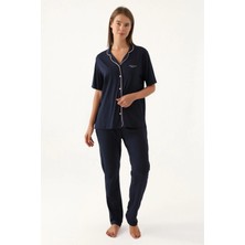 Pierre Cardin 7715 Kadın Lacivert Kısa Kollu Önden Düğmeli Biyeli Gömlek Pijama Takımı