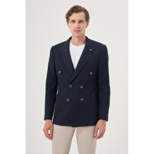  Erkek Lacivert Poliviskon Kruvaze Desenli Slim Fit Sivri Yaka Ceket