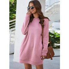 Amor Face Büyük Beden Cepsiz Düz Elbise Hoodie Şık Rahat Bisiklet Yaka Bıg Sıze Kadın Elbise