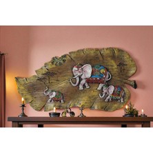 Lüks Işlemeli Yaprak Üzerinde Fil Ailesi Dekoratif Duvar Tablosu Ev Ofis Konsol Vitrin Süsü 45 cm A