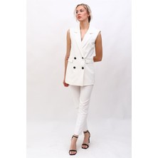 Blazer  Yelek & Boru Paça Pantolon-Beyaz