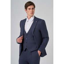  Erkek Lacivert Poliviskon Yelekli Trend Desenli Slim Fit Sivri Yaka Takım Elbise