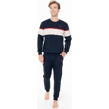 Erkek Bisiklet Yaka Uzun Kollu Pijama Takımı S26936 Bantlı Paça Rahat Kumaş Cepli