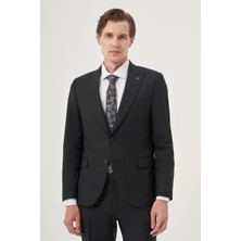  Erkek Siyah Yünlü Platinium Classic Çizgili Slim Fit Sivri Yaka Takım Elbise