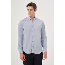  Erkek Mavi Kışlık Düğmeli Yaka Dynamic Fit Gömlek