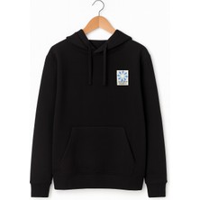 Siyah Ön ve Arka Baskılı Kapüşonlu Şardonlu Sweatshirt