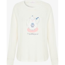 Penti Kırık Beyaz Tea Time Bisiklet Yaka Termal Etkili Sweatshirt Pijama Üstü