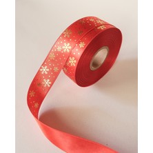 Yılbaşı Temalı Saten Kurdele, Altın Varak Kar Desenli Hediye Paketleme Şeridi, Kırmızı, 2.5cm x 20M