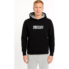 Unisex Academy Üç Iplik Kapüşonlu Önü Cepli Baskılı Sweatshirt Siyah