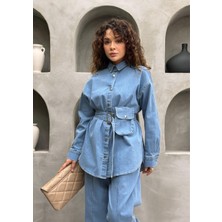 Seyyar Kemer ve Çanta Detaylı Ikili Kadın Kot Takım | Pantolonlu Tesettür Uyumlu Jean Takım