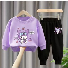 Kids Face Özel Tasarım Kuromi Party Zamanı Baskılı Şardonlu Kışlık Kız Çocuk Eşofman Takımı