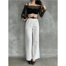 Beli Kemerli  Pantolon - Beyaz