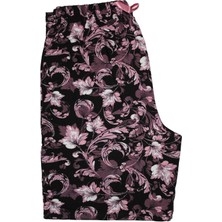 Büyük Beden Pijama Altı Siyah Desenli Yüksek Bel Uzun Mor Çiçek Desenli